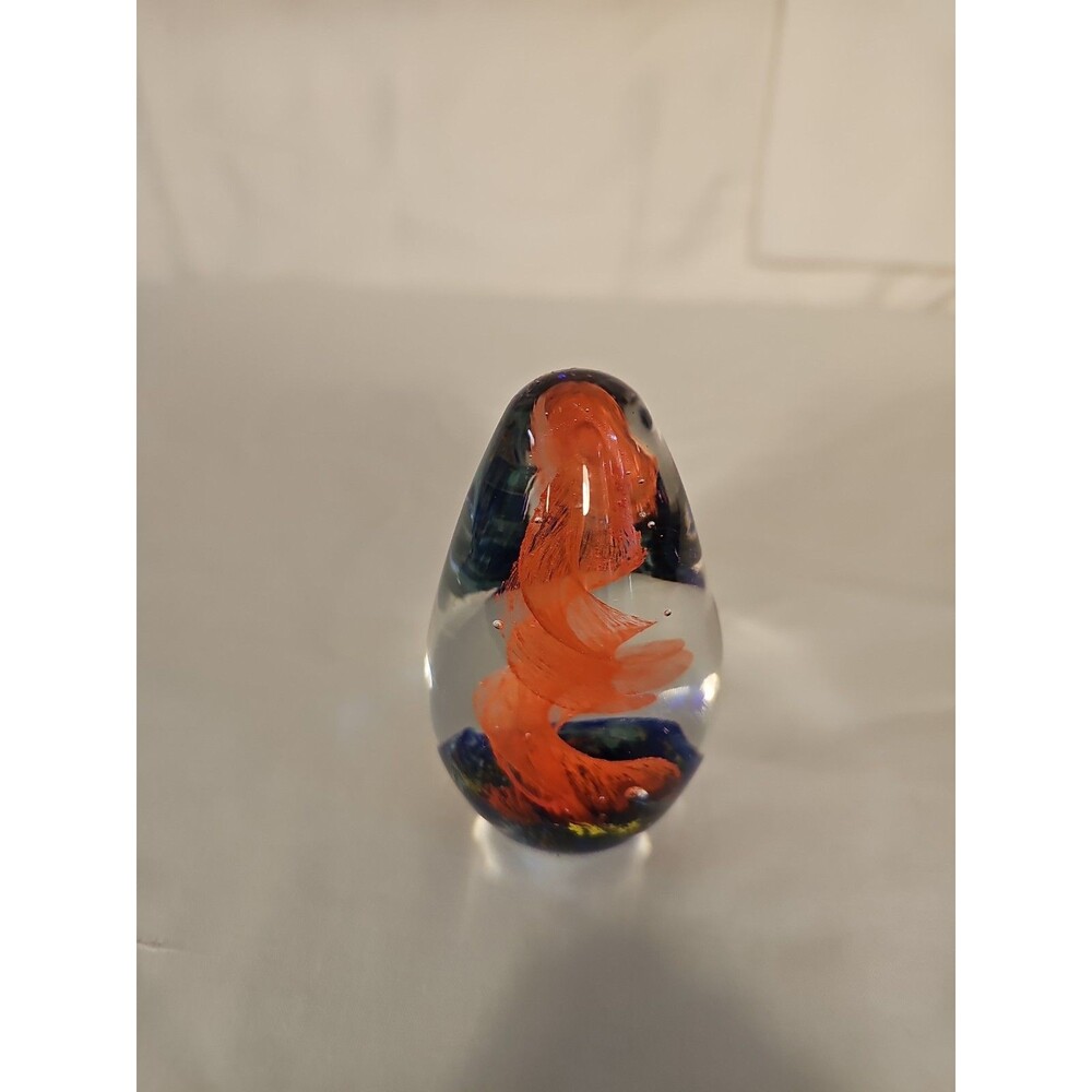 Art Glass Egg Teardrop Orange Swirl Hand Blown Paperweight